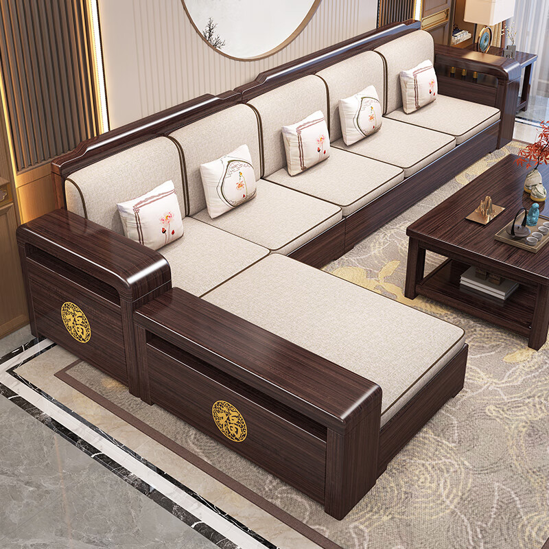 Chinese family purple sandalwood solid wood sofa combination living room winter and summer dual-purpose sofa new Chinese style storage furniture 1+1+3+coffee table