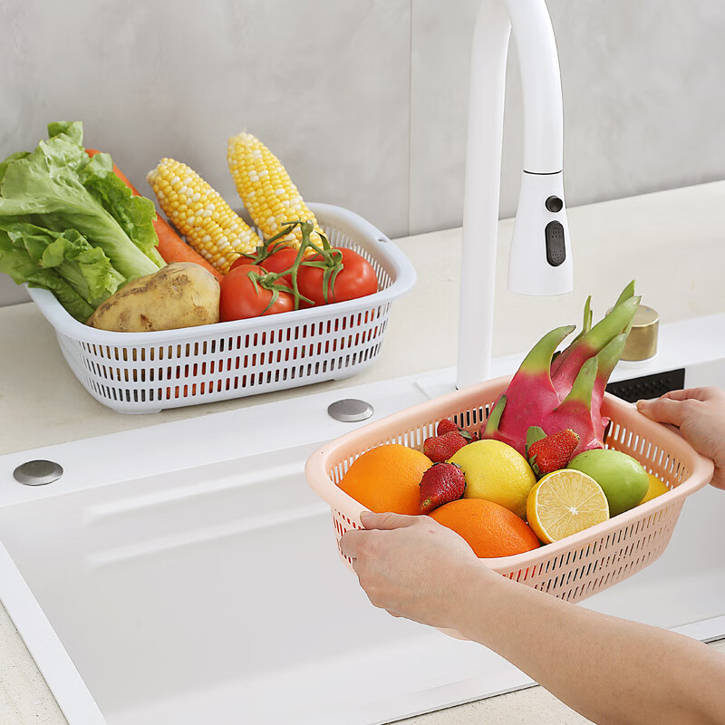 Burden home use new rectangular hollow drain basket fruit basket plastic vegetable washing basket kitchen thickened Nordic green thickened with hanging holes extra large 39.5*28*10cm