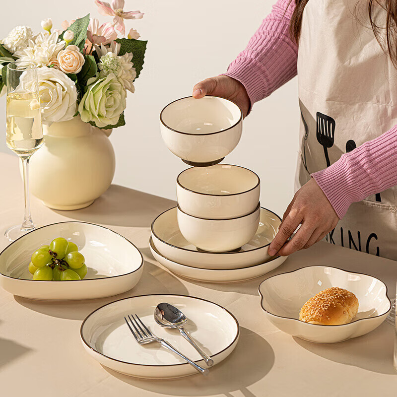 Khaki style Jingdezhen bowl and dish set household bowl complete set of ceramic tableware bowl and plate housewarming simple bowl chopsticks plate and bowl combination jade white painted brown 8-person meal (soup bowl configuration) 39-piece set