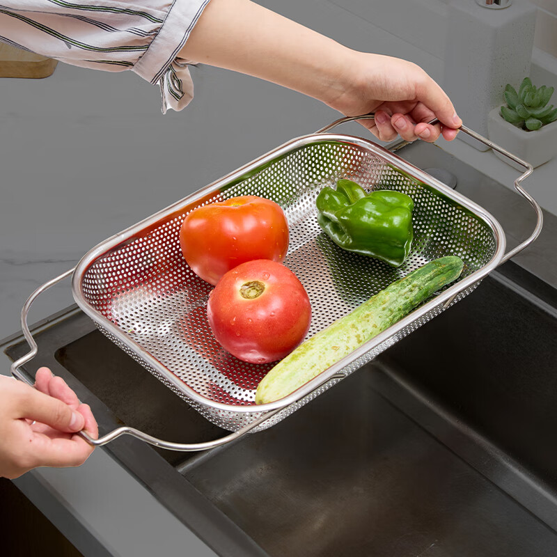 Huangsi retractable drain basket kitchen sink filter multi-functional stainless steel vegetable washing fruit draining dish basin rack 35*22*6cm retractable drain basket