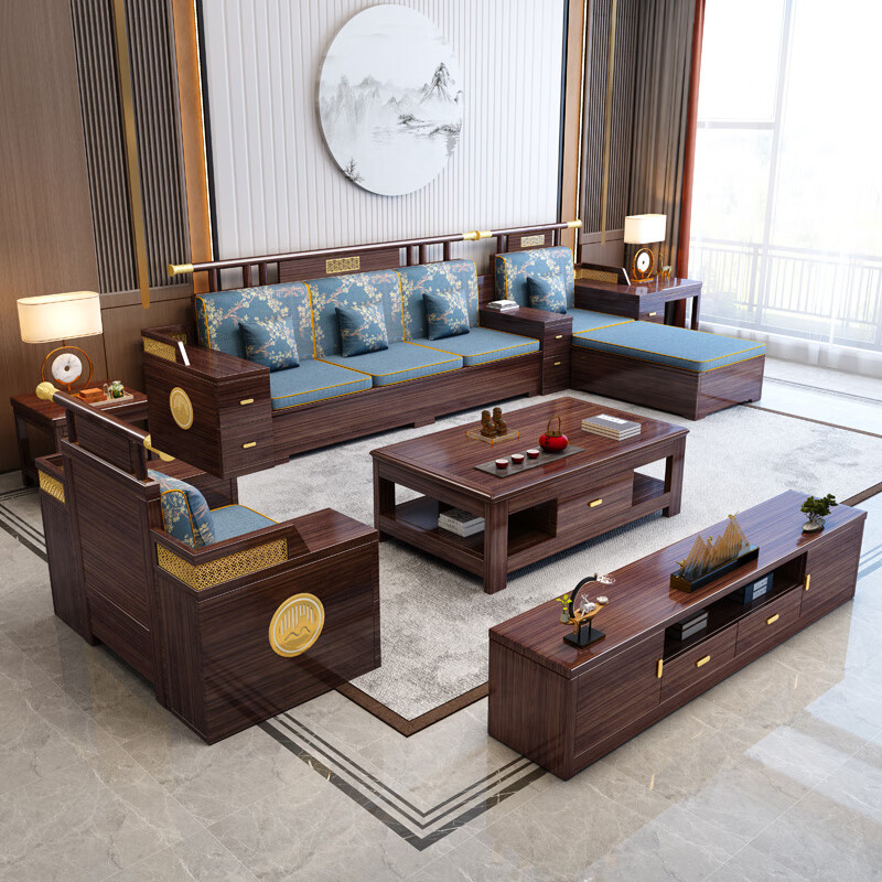 Muyu Space New Chinese Style Ebony Wood Solid Wood Sofa Living Room 2025 New Small Apartment Storage Style Imperial Concubine Wooden Furniture Complete Set 1+2+3+ Coffee Table+ Square Table*2+ TV Cabinet