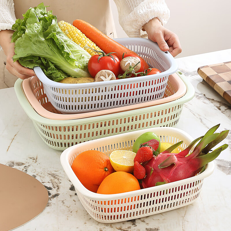Burden home use new rectangular hollow drain basket fruit basket plastic vegetable washing basket kitchen thickened Nordic green thickened with hanging holes extra large 39.5*28*10cm