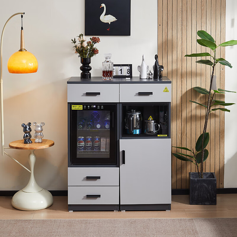 2025 New Smart Tea Bar Machine with Refrigerator Disinfection Freezing Refrigerated Drinking Water Ice Maker Office Combination Cabinet Gray Hot and Cold Two-Door Refrigerator Combination 420*470*1090
