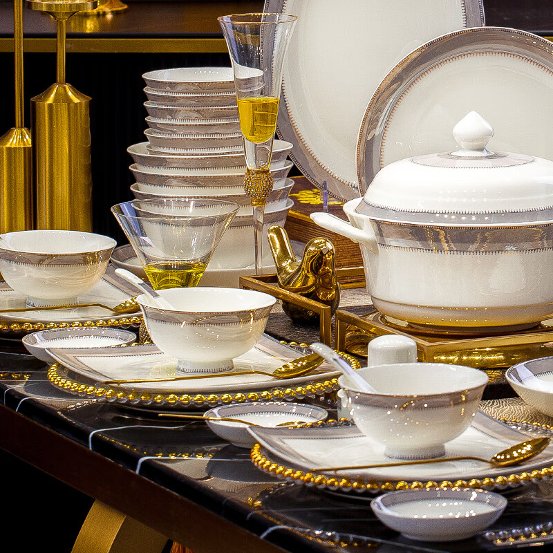 Yang Qintang bowl household 2025 new high-end bone china tableware set bowl and plate combination Jingdezhen ceramic dishes housewarming gift Hilton | high temperature underglaze color | leather box packaging 66 pieces