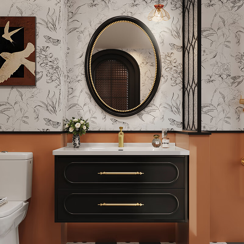 Sibai French Retro Bathroom Cabinet 2025 New Medieval Bathroom Ceramic Integrated Washbasin Washbasin Oak Customized A French Retro Mirror 1.1 Meters