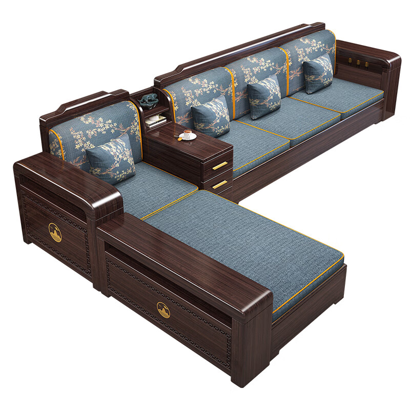 Chinese family new Chinese style ebony solid wood sofa light luxury storage sofa winter and summer dual-use sofa living room 4 people + imperial concubine couch + coffee table