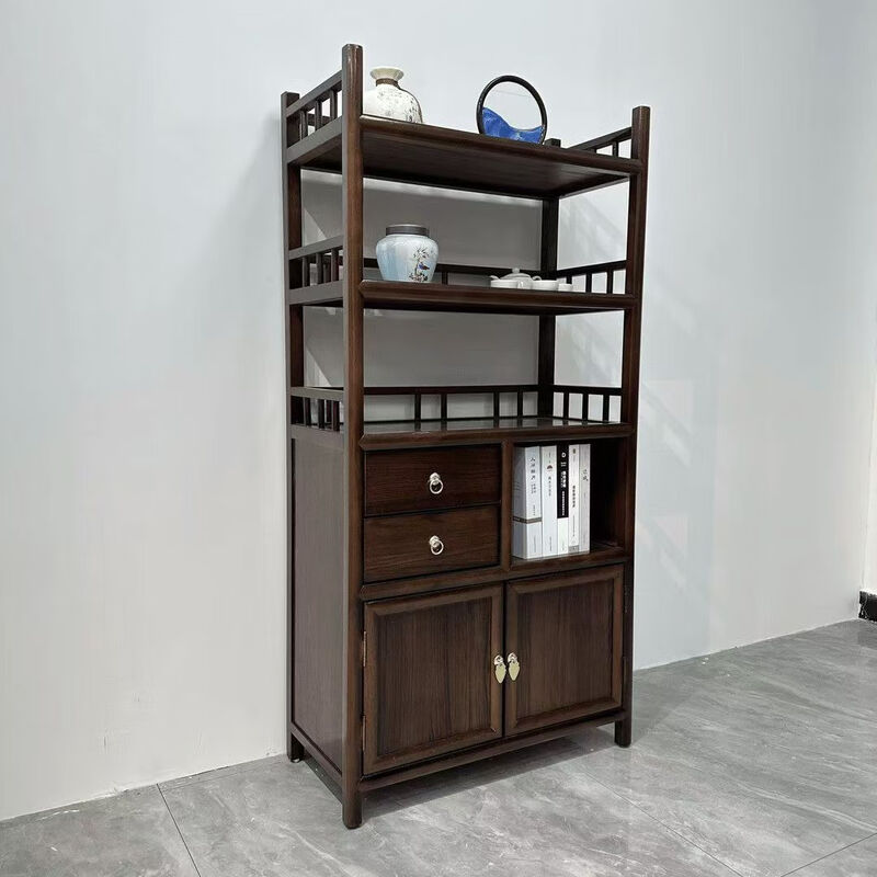 Pindao Xiaobo ancient rack solid wood tea cabinet tea room tea cabinet storage rack tea cabinet display rack tea shelf tea side cabinet storage black gold left cabinet Duobao Pavilion 80*33*120cm