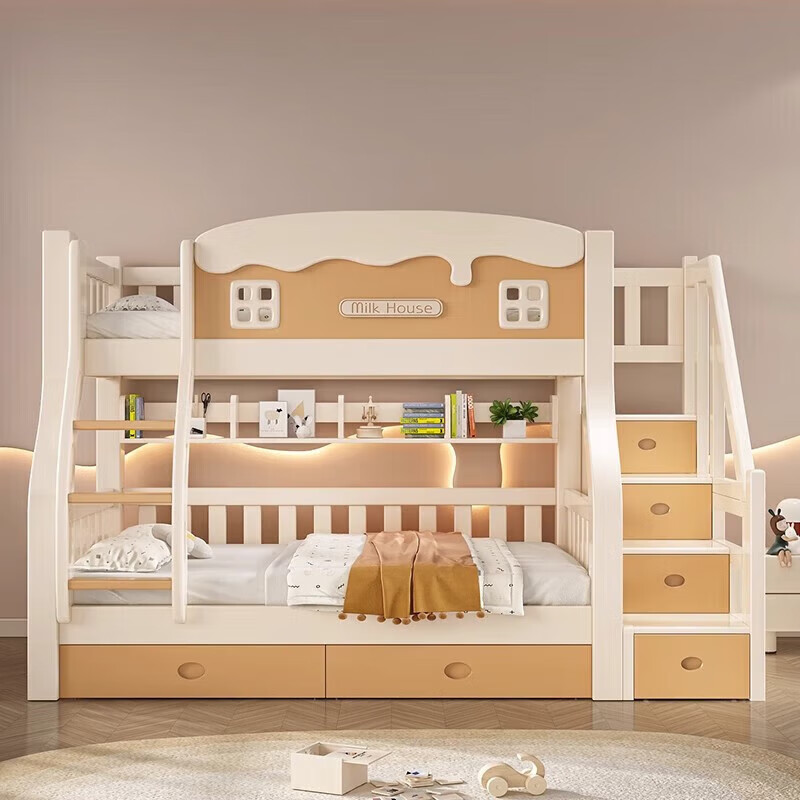 Leiyang all solid wood bunk bed cartoon bunk bed multifunctional wooden bed fashionable simple double solid wood high and low bed small apartment 130 up and down 150 bookshelf drawer + mattress * 2
