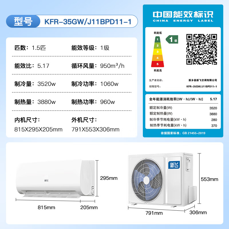 Xinfei air conditioner 1.5 HP, new level of energy efficiency, national subsidy, super power-saving frequency conversion heating and cooling pure copper tube air conditioner, trade-in for new bedroom hanger KFR-35GW/J11BPD11-1