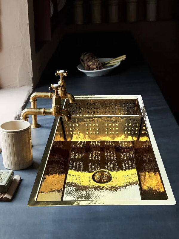 French retro kitchen large single sink embedded in island water bar sink pure copper gold undercounter basin wash basin S style stainless steel titanium 88*48*23cm