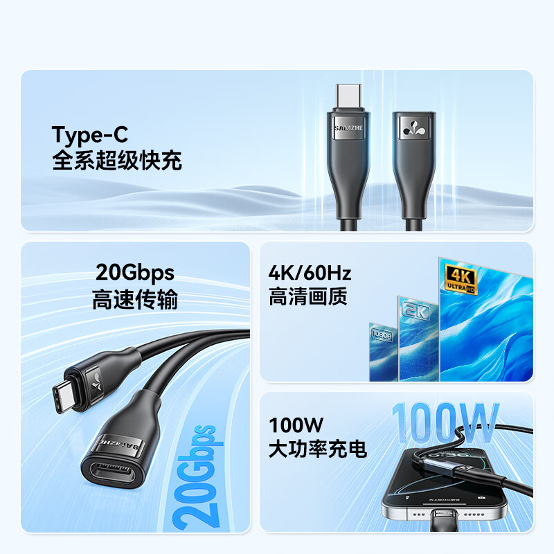 Shanze Type-C extension cable 0.5 meters male to female USB-C3.2gen2 full-function data cable extension cable adapter 4K screen projection PD100W fast charge suitable for Huawei CMCF05