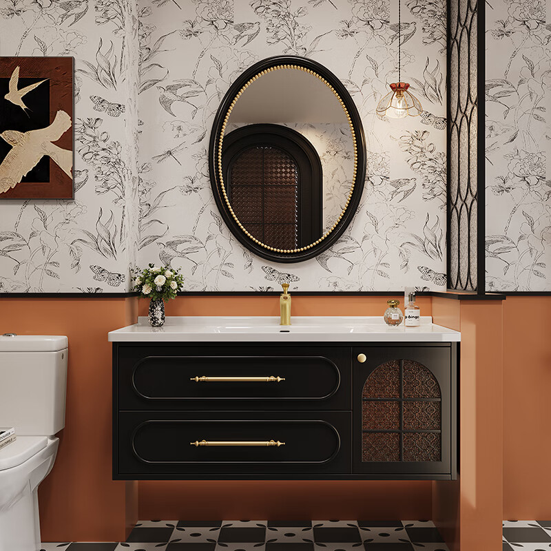 Sibai French Retro Bathroom Cabinet 2025 New Medieval Bathroom Ceramic Integrated Washbasin Washbasin Oak Customized A French Retro Mirror 1.1 Meters