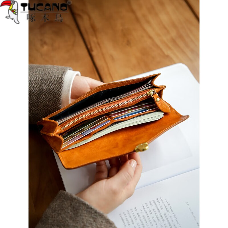 Woodpecker (TUCANO) Genuine Leather Retro Women's Long Wallet Top Layer Vegetable Tanned Cowhide Large Capacity Lock Handheld Horizontal Multi-Card Slot Wallet Sunset Yellow