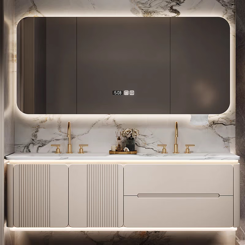 Royal Ceremony New Slate Hot-Bent Integrated Double Basin Modern Bathroom Smart Washing and Washing Table Integrated Bathroom Cabinet Combination Slate Hot-Bent Integrated Basin + Intelligent Beauty Mirror Cabinet 1.8 Meter Double Basin