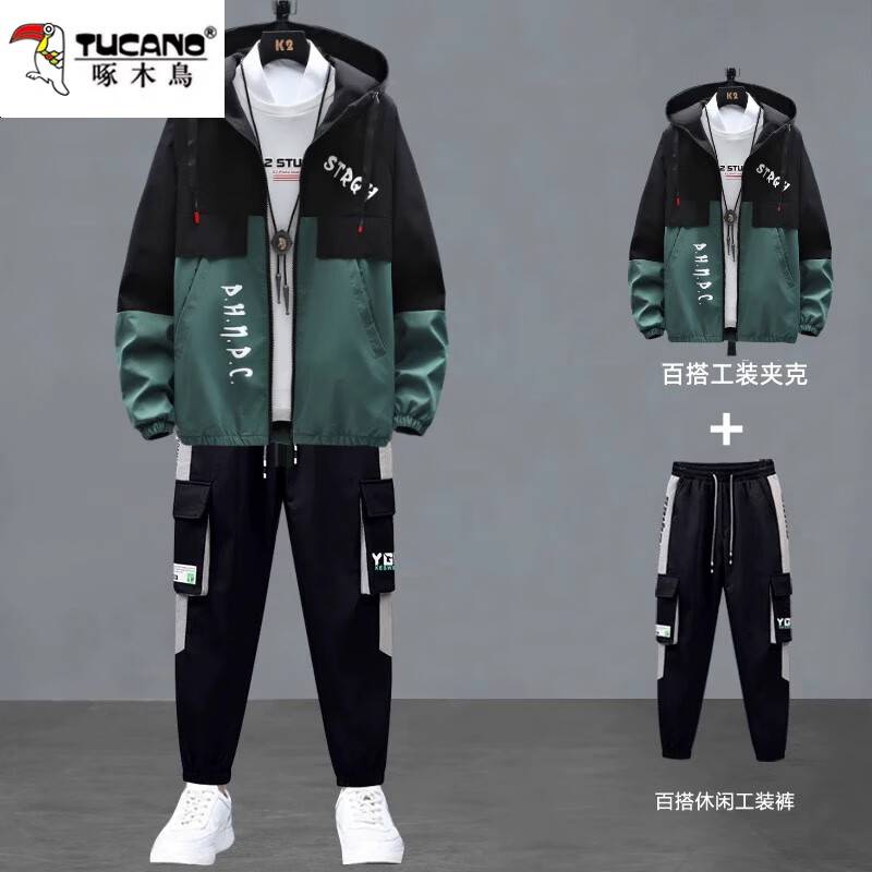 Woodpecker 2025 men's jacket hooded autumn and winter velvet thickened trendy workwear casual loose tops men's black gray XL