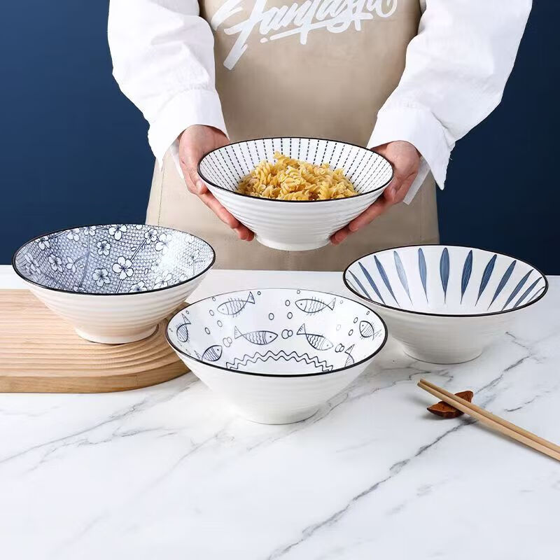 Japanese ramen bowl large bowl instant noodle bowl household Internet celebrity tableware 8 bucket hat porcelain bowl noodle restaurant bucket hat soup bowl ceramic bowl random style 8 inch bucket hat bowl 2 pieces