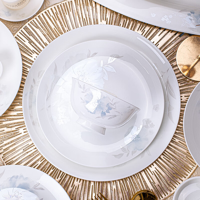 Yang Qintang bowl household 2025 new Jingdezhen bowl and plate set household high-end bone china tableware bowl and plate set housewarming gift Qingxiang Yayuan round 56 pieces