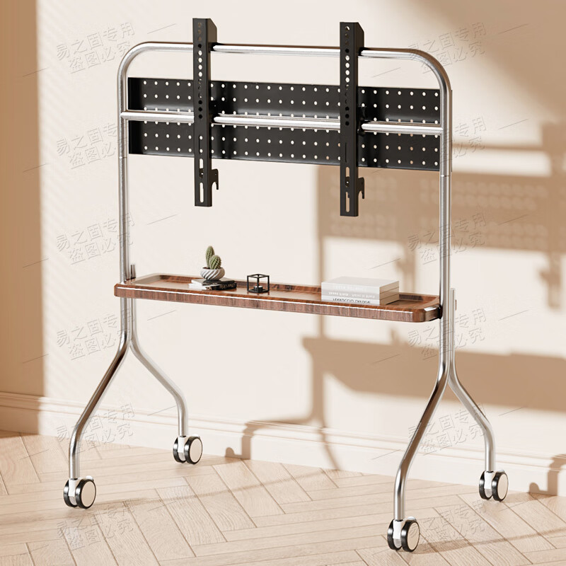 Yizhigu Universal TV Stand Home Movable Wood Art Floor Cart Living Room Bedroom Stainless Steel TV Stand Perforated Board Hanger Universal Belt Brake Wheel 32-75 Inch Stainless Steel + Single-layer Walnut Pallet + Silent Anti-Slip Universal Wheel