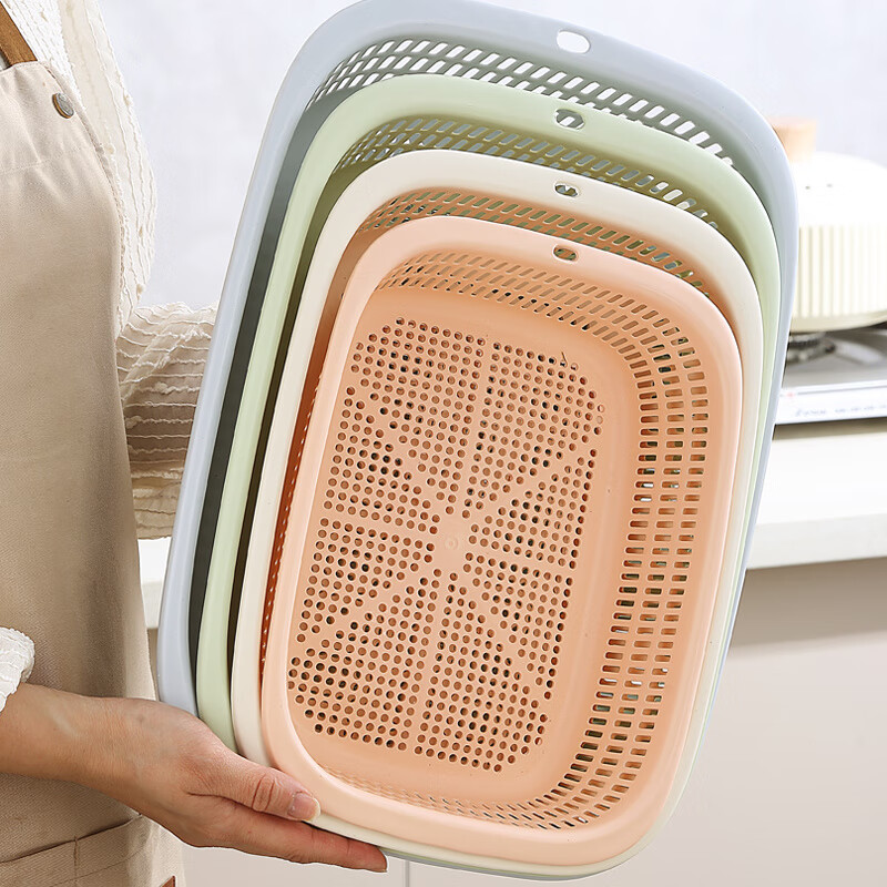 Burden home use new rectangular hollow drain basket fruit basket plastic vegetable washing basket kitchen thickened Nordic green thickened with hanging holes extra large 39.5*28*10cm