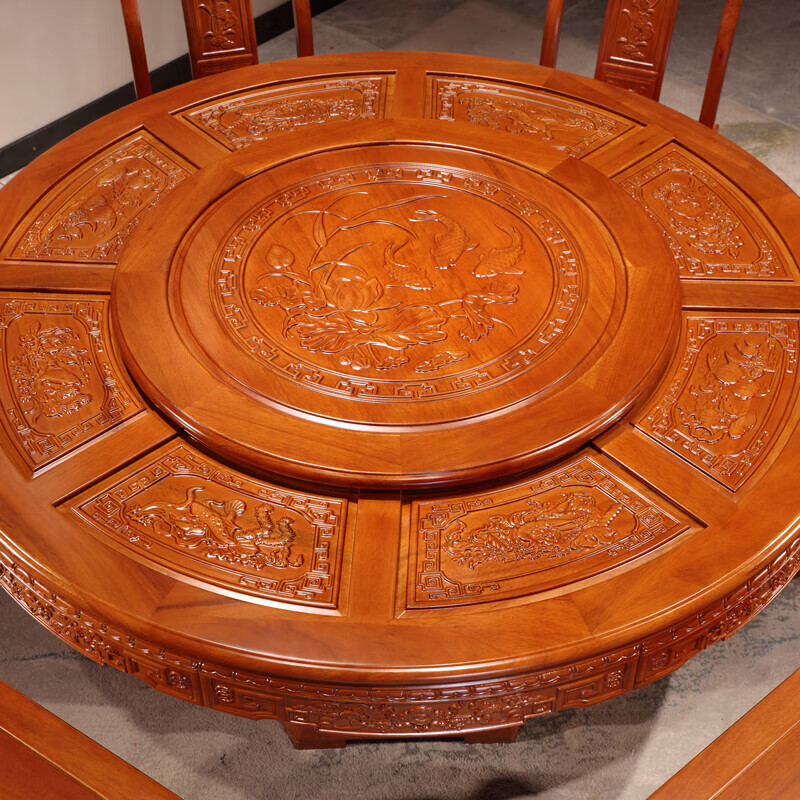 Longwei Foshan rosewood dining table and chair combination, new Chinese style carved solid wood storage round large dining table for home use, rosewood, one table and six chairs, 1.3 meters, free turntable + tempered glass