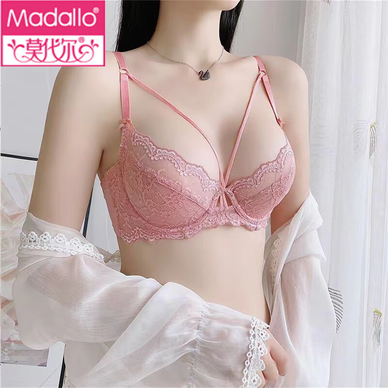 Modal women's underwear women's lace sexy mesh soft and comfortable skin-friendly anti-sagging ultra-thin breathable big breast showing small bra pink single piece bra sexy mesh 70C 32