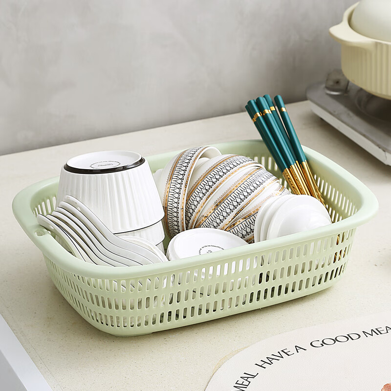Burden home use new rectangular hollow drain basket fruit basket plastic vegetable washing basket kitchen thickened Nordic green thickened with hanging holes extra large 39.5*28*10cm
