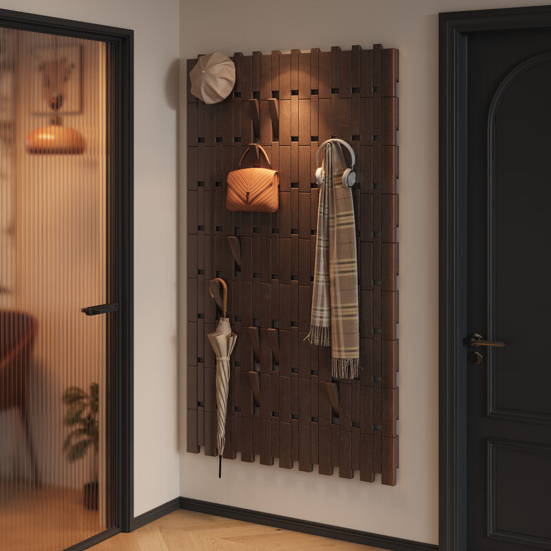 Qinggu solid wood piano key clothes hanger wall hanging coat rack wall hanging clothes hook bag rack entrance door wall clothes hook 35MM thickened walnut color 10 hooks 71CM*1