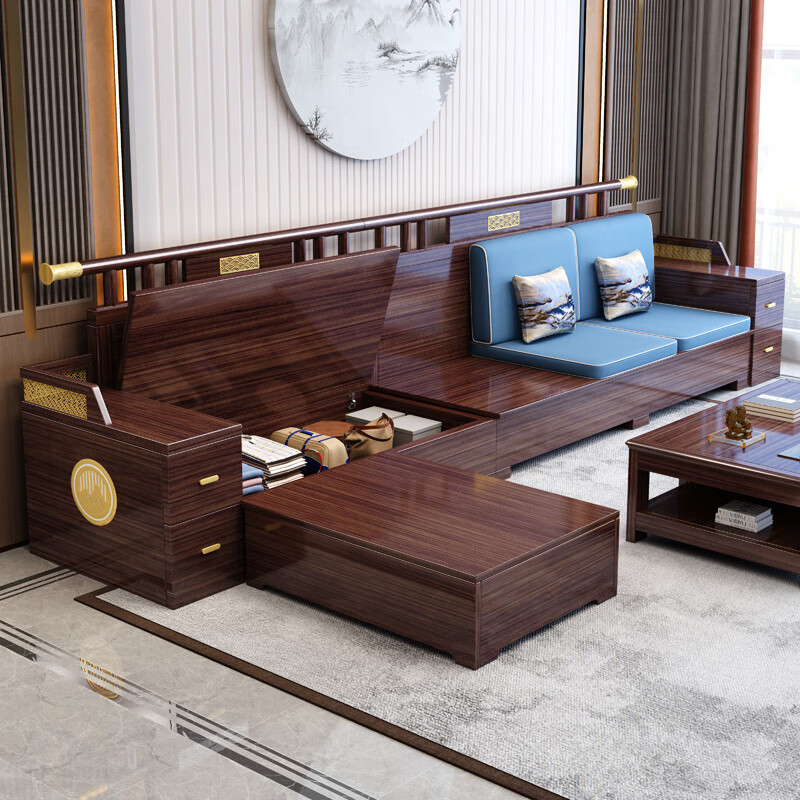 Muyu Space New Chinese Style Ebony Wood Solid Wood Sofa Living Room 2025 New Small Apartment Storage Style Imperial Concubine Wooden Furniture Complete Set 1+2+3+ Coffee Table+ Square Table*2+ TV Cabinet