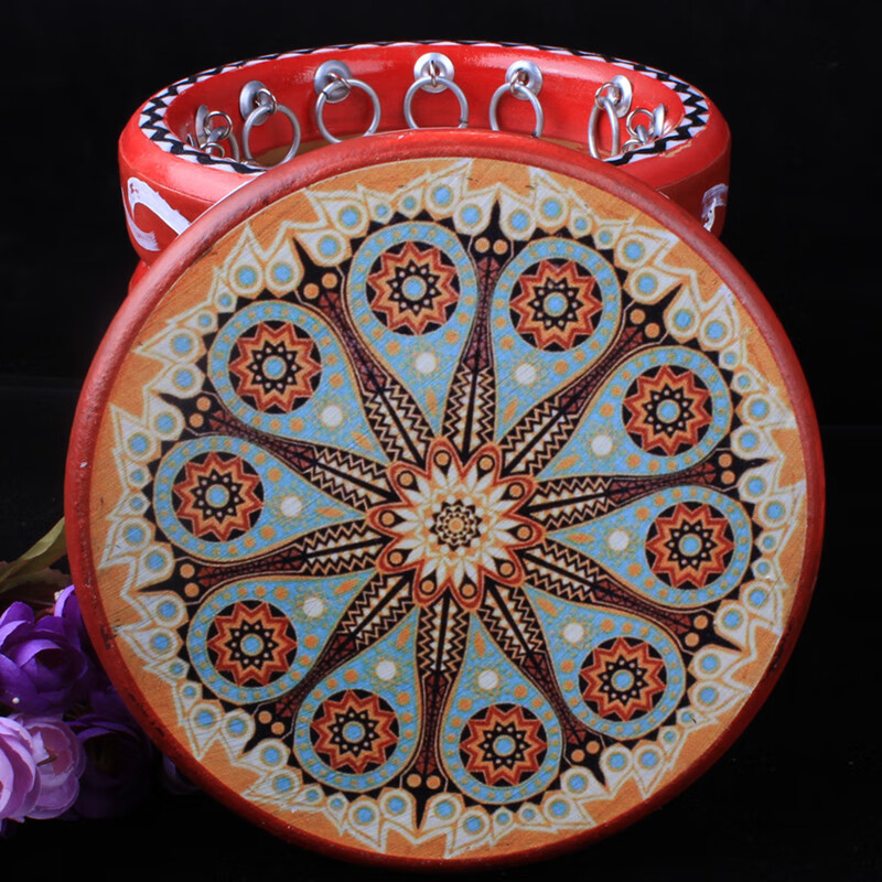 Jingqiao Xinjiang ethnic musical instrument dance performance painted cowhide tambourine hotel restaurant wall decoration hanging ornaments souvenir style 15 20 cm