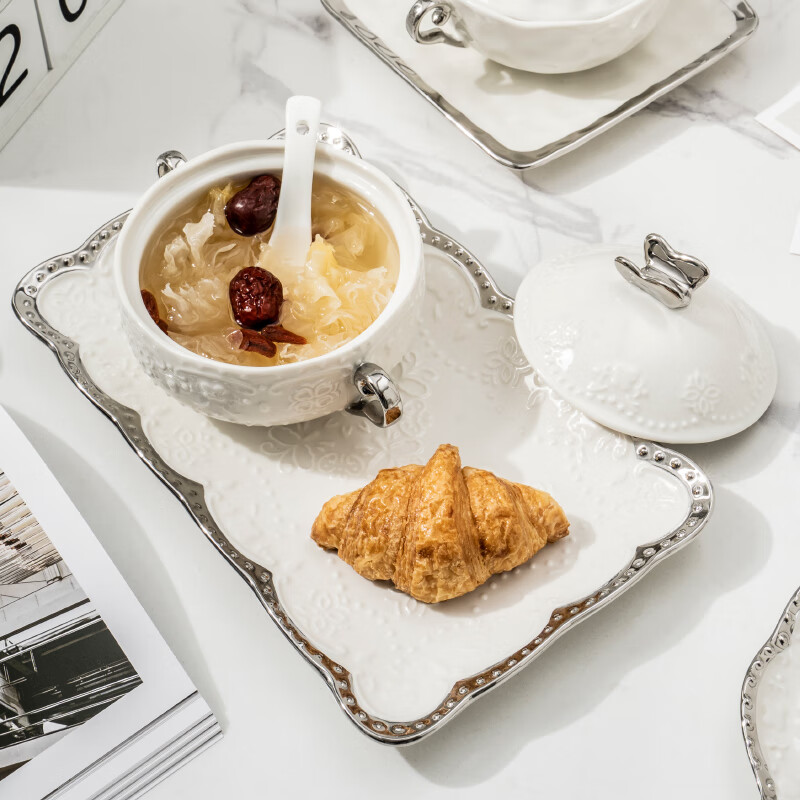 Pupan ceramic dessert bowl Internet celebrity bird's nest bowl sugar water bowl stew pot soup cup baking bowl commercial creative beauty salon double ears with lid silver edge embossed bowl + silver edge rectangular plate with ceramic spoon