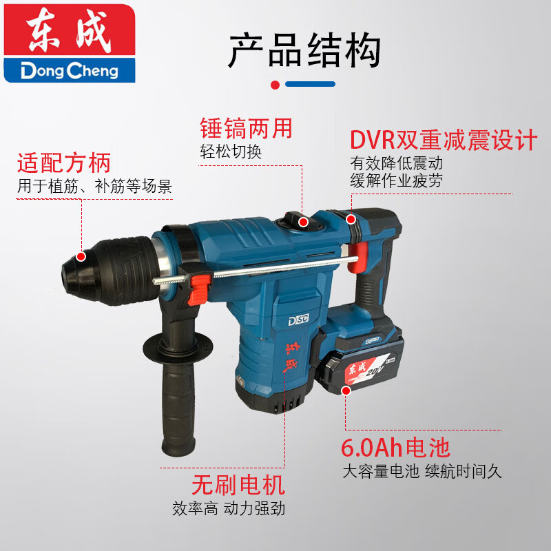 Dongcheng electric hammer impact electric pick rechargeable 20V brushless concrete slotting and drilling wireless lithium electric drill DCZC02-28 DCZC02-28 6.0Ah dual electric + angle grinder