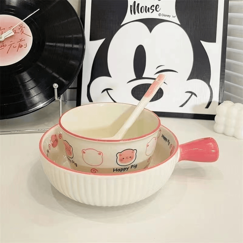 Midoriyaki Happy Pig One-Eat Cute Girly Tableware Hand-Handed Rice Bowl Baked Rice Bowl Ceramic Underglaze Colored Tableware Set 4 Pieces Cute Pig Handle Bowl + Handle Plate + Bowl + Spoon