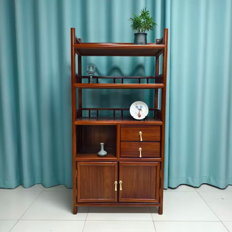 Pindao Xiaobo ancient rack solid wood tea cabinet tea room tea cabinet storage rack tea cabinet display rack tea shelf tea side cabinet storage black gold left cabinet Duobao Pavilion 80*33*120cm