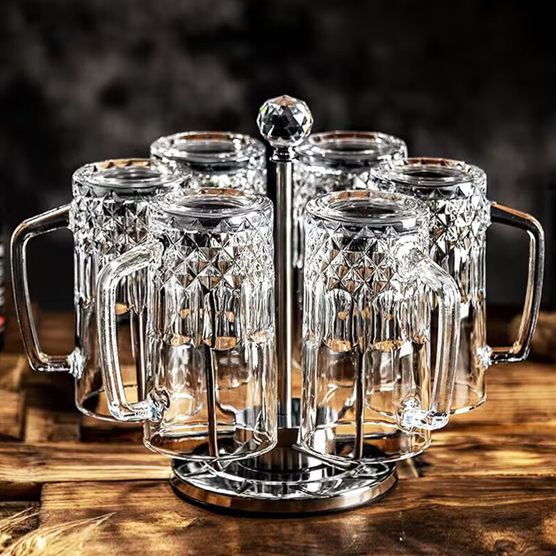 Lugaris Beer Cup Set Light Luxury Glass Drinking Cup with Handle Commercial 500ml Draft Beer Cup Home Large Capacity Family Set 6 Diamond Cups + Stainless Steel Cup Holder