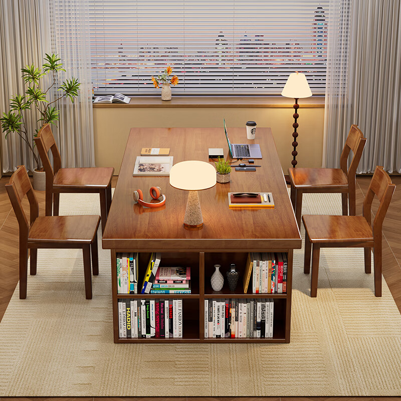 Hui Xun went to the living room to transform the large long desk into a simple study table, a solid wood large table, a dining table, a desk, an integrated workbench, a reading table, FAS grade rubber wood, no veneer, walnut color #desk, 140cm*80cm*75cm, desktop thickness 6.5cm