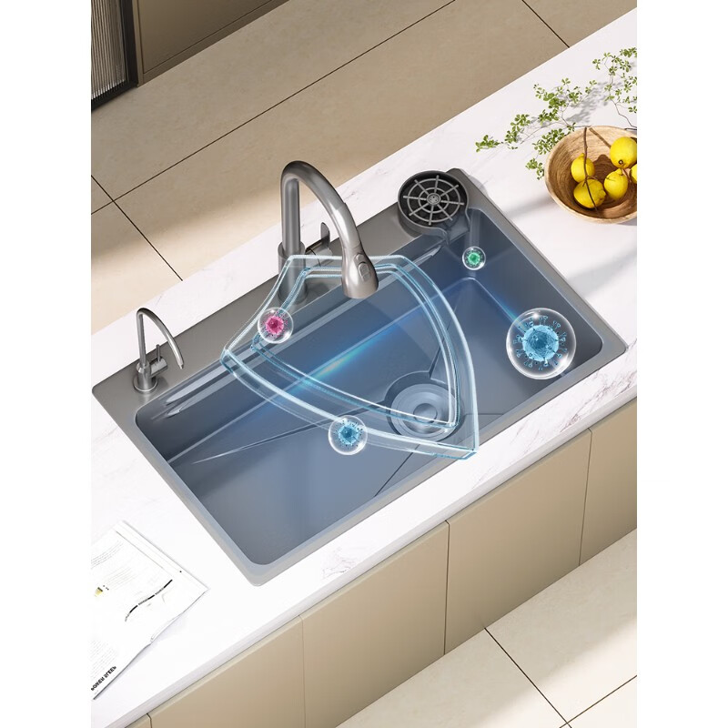 TOTO kitchen sink thickened stainless steel nano sink large single tank multi-functional household handmade dishwashing sink under counter basin gun gray steps large single tank 75*45 (F package) pump