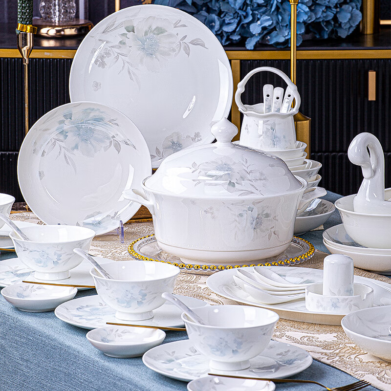 Yang Qintang bowl household 2025 new Jingdezhen bowl and plate set household high-end bone china tableware bowl and plate set housewarming gift Qingxiang Yayuan round 56 pieces