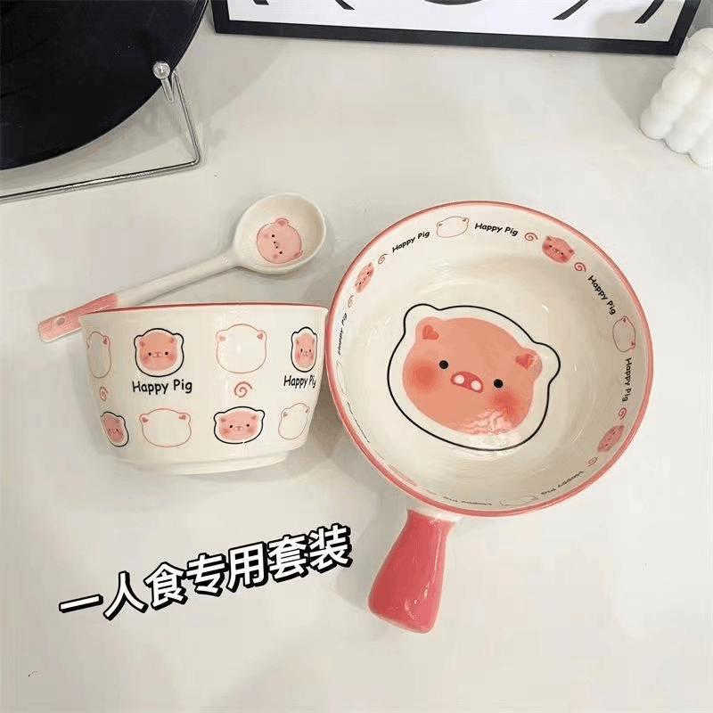 Midoriyaki Happy Pig One-Eat Cute Girly Tableware Hand-Handed Rice Bowl Baked Rice Bowl Ceramic Underglaze Colored Tableware Set 4 Pieces Cute Pig Handle Bowl + Handle Plate + Bowl + Spoon