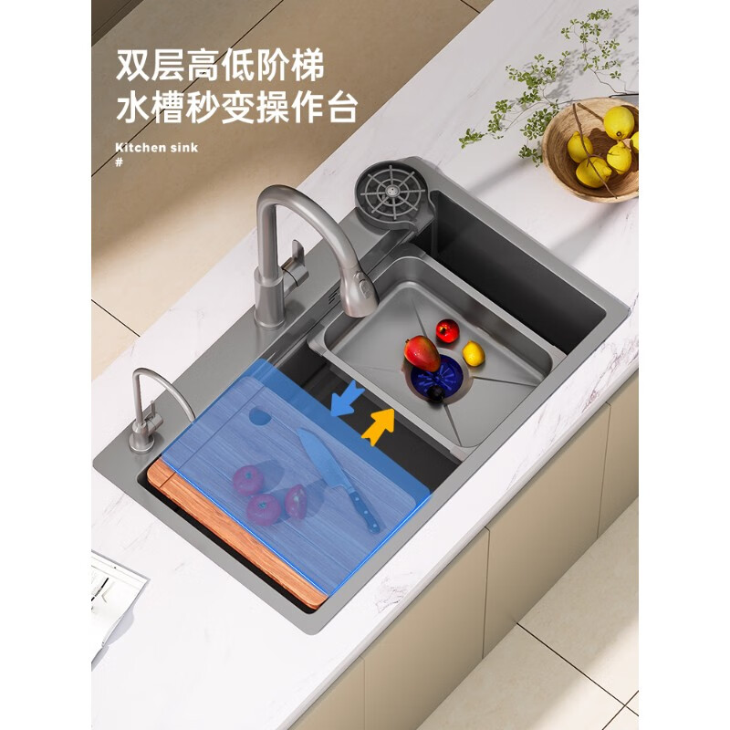 TOTO kitchen sink thickened stainless steel nano sink large single tank multi-functional household handmade dishwashing sink under counter basin gun gray steps large single tank 75*45 (F package) pump