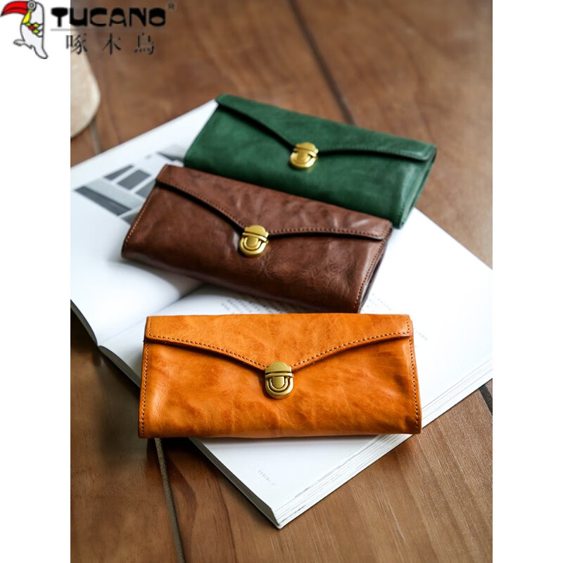 Woodpecker (TUCANO) Genuine Leather Retro Women's Long Wallet Top Layer Vegetable Tanned Cowhide Large Capacity Lock Handheld Horizontal Multi-Card Slot Wallet Sunset Yellow
