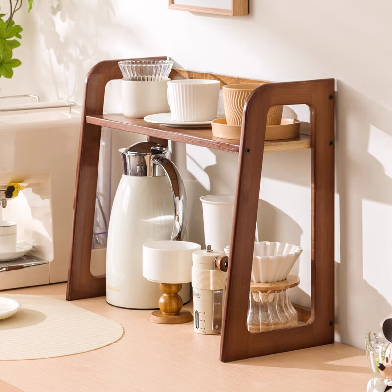 Eleven-dimensional cup storage rack desktop double-layer water cup holder tea set teacup kettle organizer bar coffee corner shelf brown 40cm long