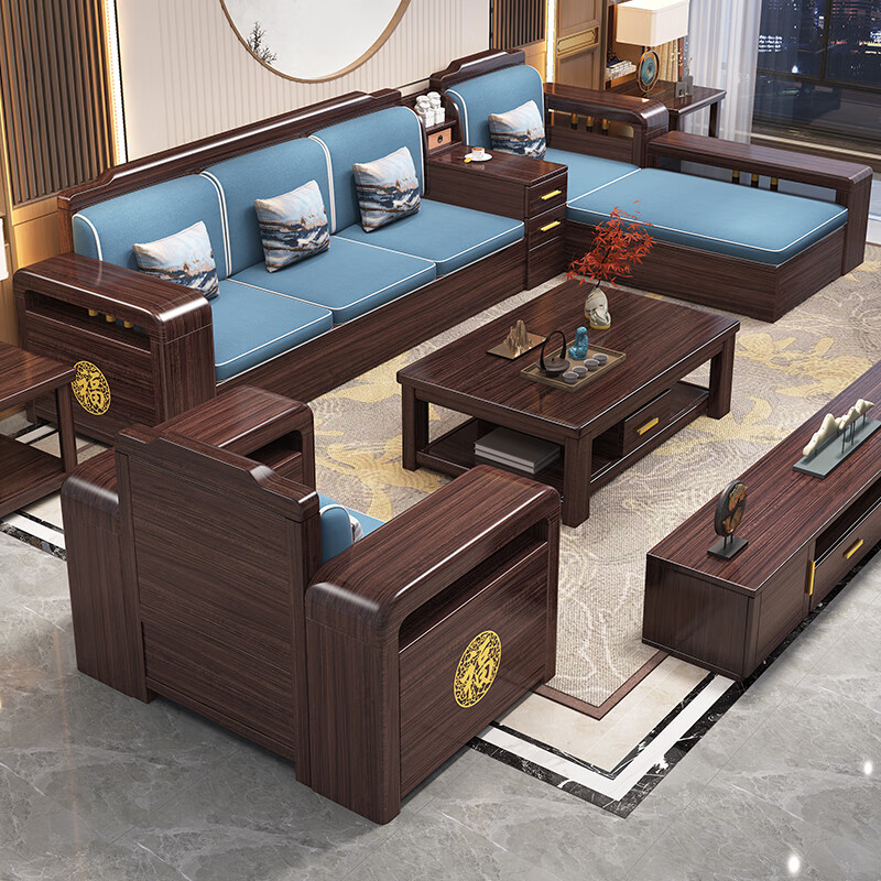 Chinese family purple sandalwood solid wood sofa combination living room winter and summer dual-purpose sofa new Chinese style storage furniture 1+1+3+coffee table