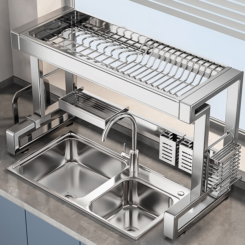 Youxi 304 stainless steel kitchen sink rack multi-functional drain bowl rack bowl rack knife and chopstick tube storage rack single layer | 95cm main rack + fully equipped set 304 stainless steel