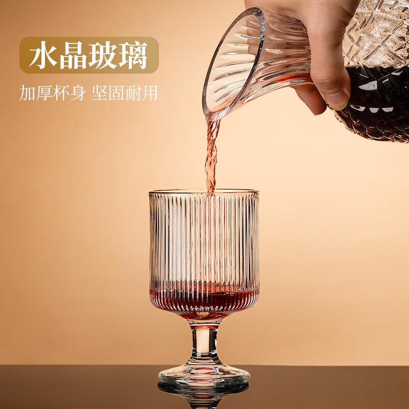 Lugaris red wine glass, light luxury home set, crystal glass tulip cup, heat-resistant, high-looking, creative foreign wine glass, upgraded thickened vertical stripe style 215ml (6 pieces + golden gyro decanter)