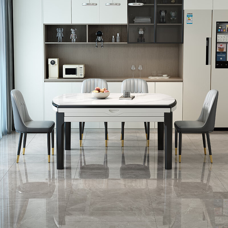 Morning Nest Dining Table Modern Simple Dining Table Home Slate Dining Table Retractable Solid Wood Dining Table and Chair Combination Restaurant Furniture Italian Gray Glossy-Black Gray Frame-Thick Leather Chair 1.35 Meters One Table Six Chairs (Upgraded Four Tracks)