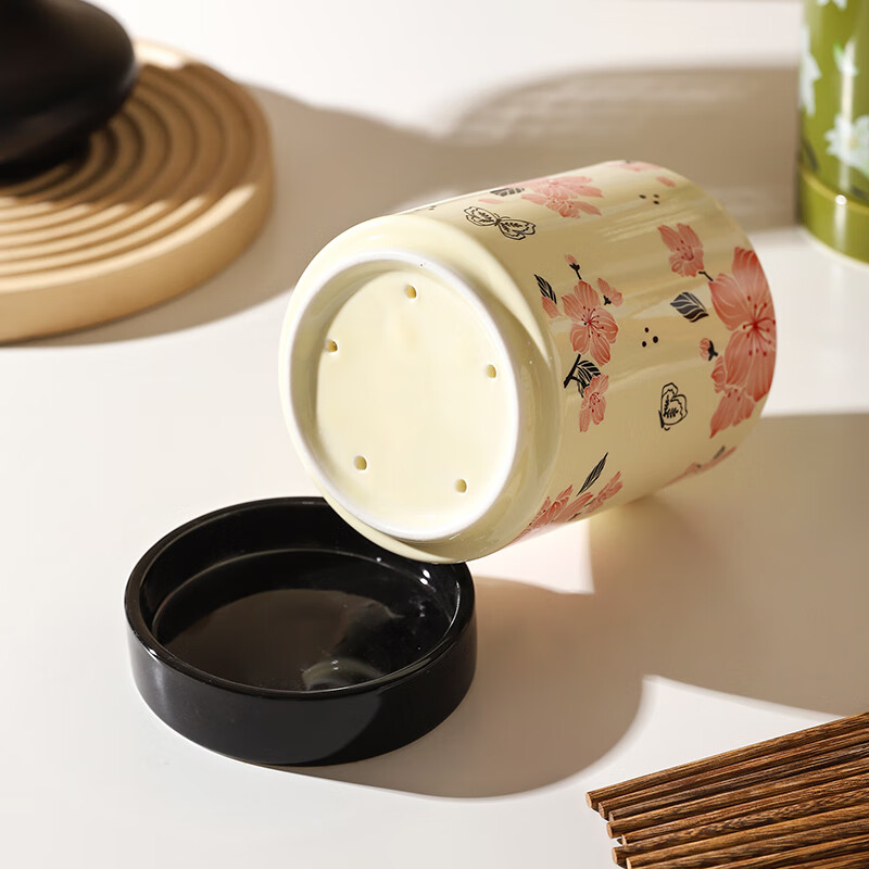 Sheri Japanese-style high-looking chopstick tube tableware storage box chopstick tube chopstick cage household ceramic drain chopsticks and spoons storage shelf beige cherry blossom style - ceramic base drainable | with base