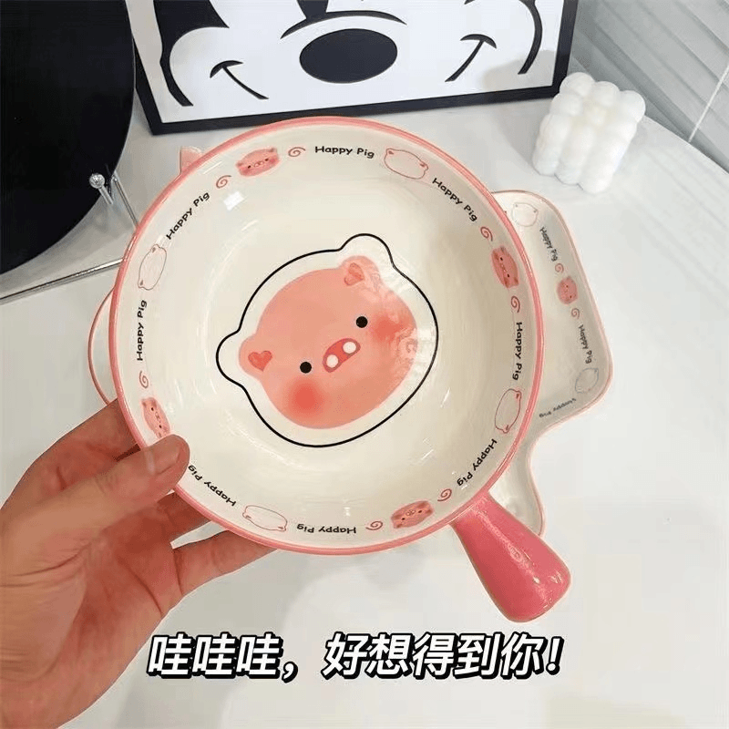 Midoriyaki Happy Pig One-Eat Cute Girly Tableware Hand-Handed Rice Bowl Baked Rice Bowl Ceramic Underglaze Colored Tableware Set 4 Pieces Cute Pig Handle Bowl + Handle Plate + Bowl + Spoon