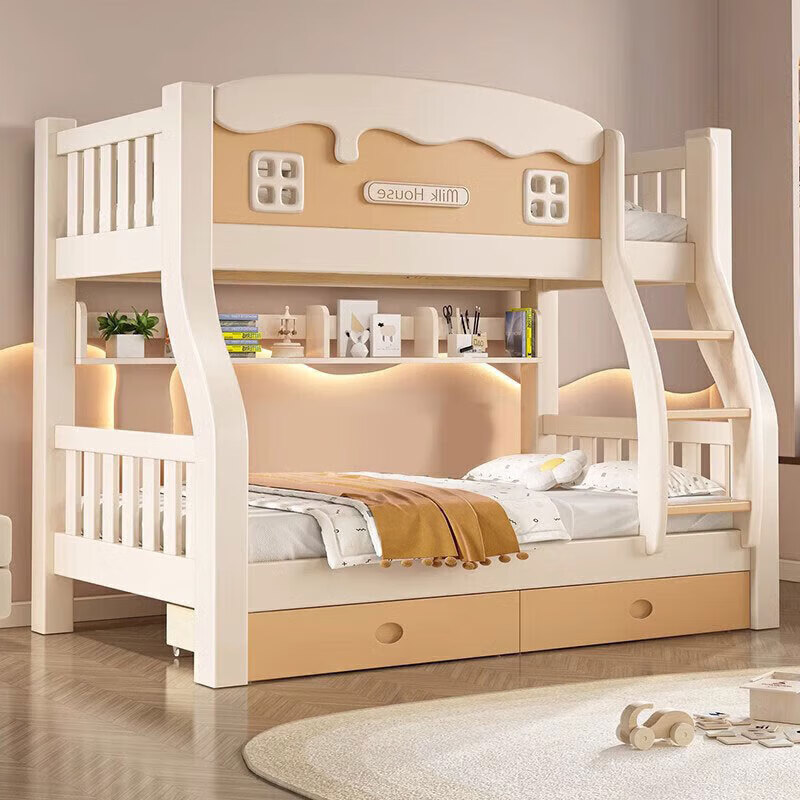 Leiyang all solid wood bunk bed cartoon bunk bed multifunctional wooden bed fashionable simple double solid wood high and low bed small apartment 130 up and down 150 bookshelf drawer + mattress * 2