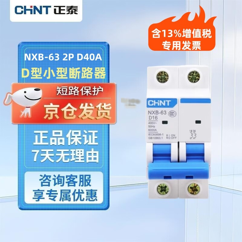 Chint (CHNT) D type air switch motor power protection industrial circuit breaker NXB-63 2P D40A rated current 220V voltage