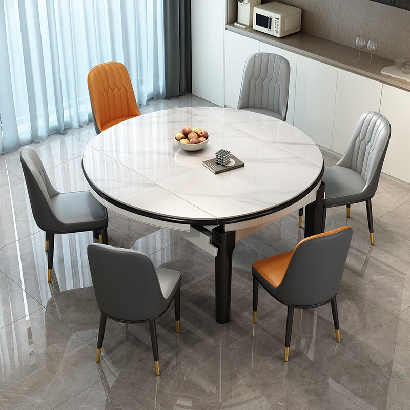 Morning Nest Dining Table Modern Simple Dining Table Home Slate Dining Table Retractable Solid Wood Dining Table and Chair Combination Restaurant Furniture Italian Gray Glossy-Black Gray Frame-Thick Leather Chair 1.35 Meters One Table Six Chairs (Upgraded Four Tracks)